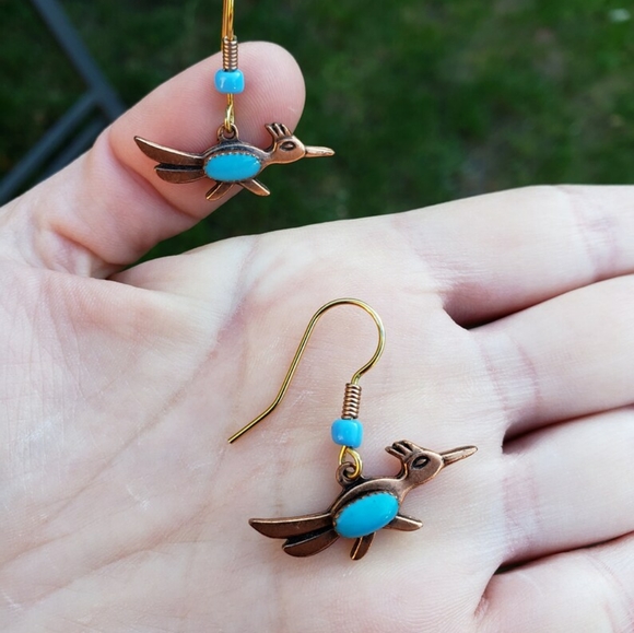 Handmade Navajo Roadrunner Copper Bell Trading Post Turquoise Old Pawn Earrings - Picture 3 of 6